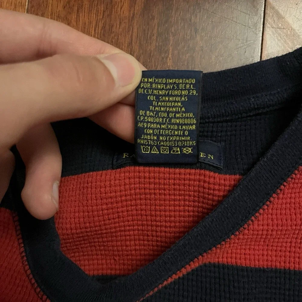 Polo Ralph Lauren Waffle Knit Thermal Shirt Mens Large Red Navy Blue Striped L - Picture 5 of 10